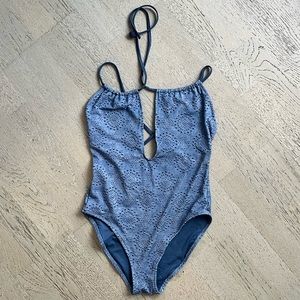 Aerie Deep V Textured Blue One Piece Swimsuit, Size Small